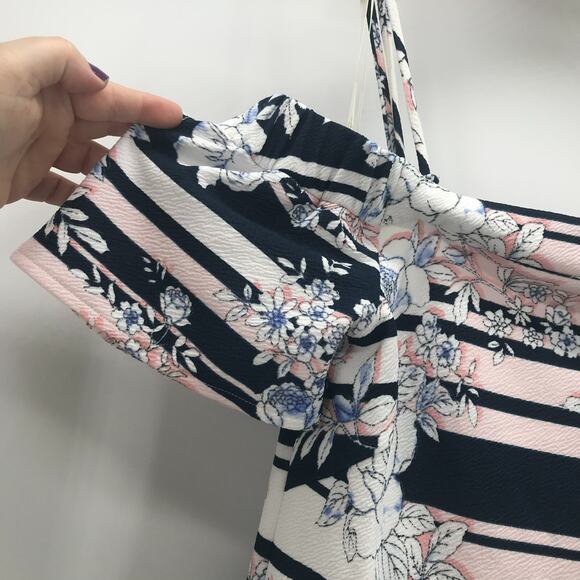 Jessica Simpson Dress Womens 8 Blue Stripe Floral Off The Shoulder ALine Stretch - Picture 3 of 6